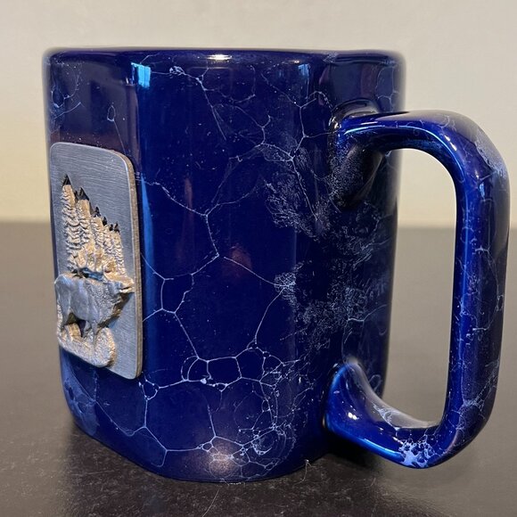 Cobalt Blue Bubble Glaze Marbleized Mug ~ Pewter Medallion w/ Moose  ~ LINYI - Picture 10 of 13